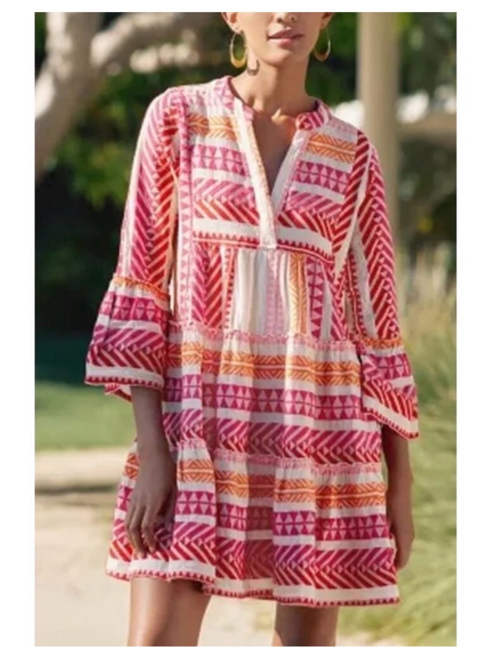 Devotion Twins Pink Orange Geometric Tiered Boho Mini Dress Size Small